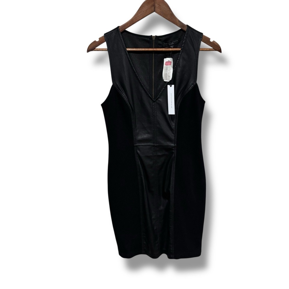 NWT Sanctuary Dress Women's Faux Leather Stretch Pannel V Neck Zip Up Size Small